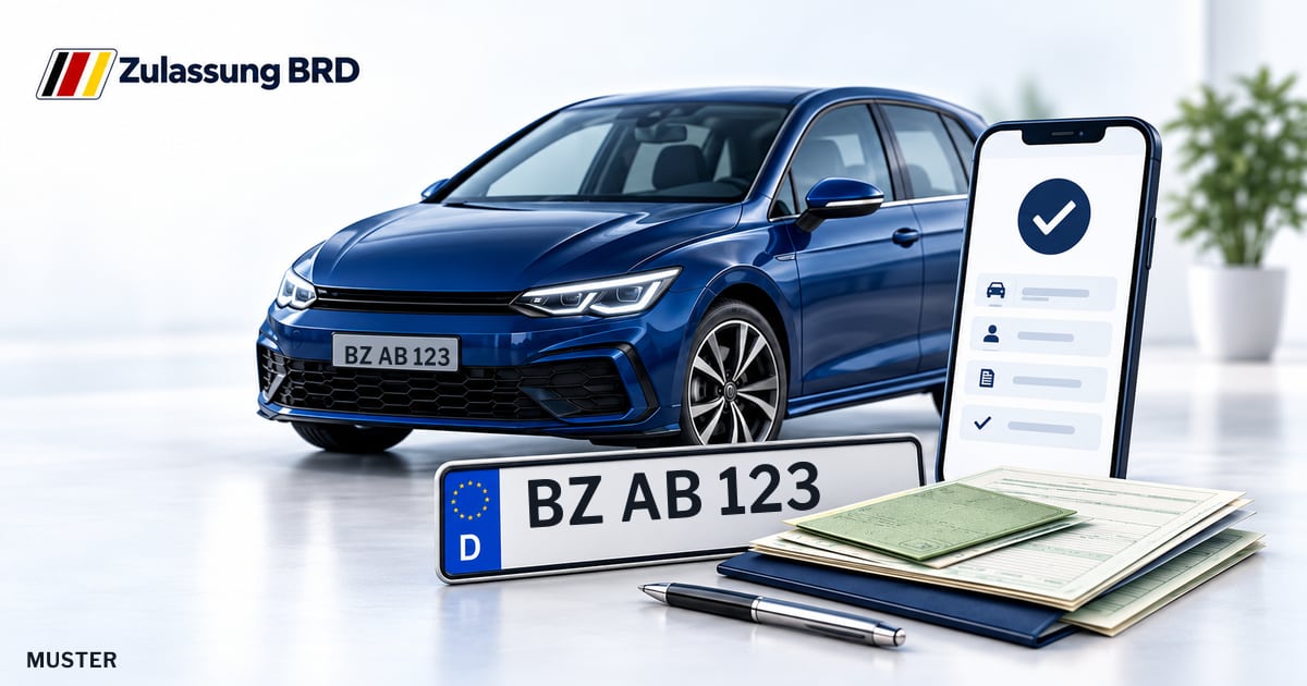 Online Fahrzeugzulassung in Bischofswerda: Musterkennzeichen BZ AB 123, Auto und Fahrzeugpapiere und Smartphone. Illustration mit Logo von Zulassung BRD.
